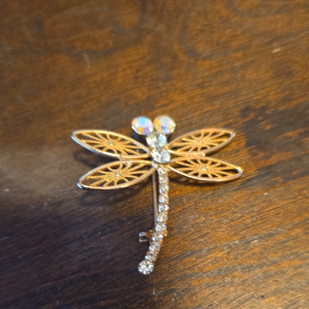 Gold Dragonfly Brooch with Rhinestones